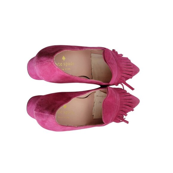 Women's Kate Spade Pink Fringe Chunky Heels Suede 7 - Picture 3 of 7